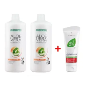 Комплект Aloe Vera Гел за Пиене с Праскова за диабетици, две бутилки + Крем Концентрат Алое Вера при Кожни проблеми