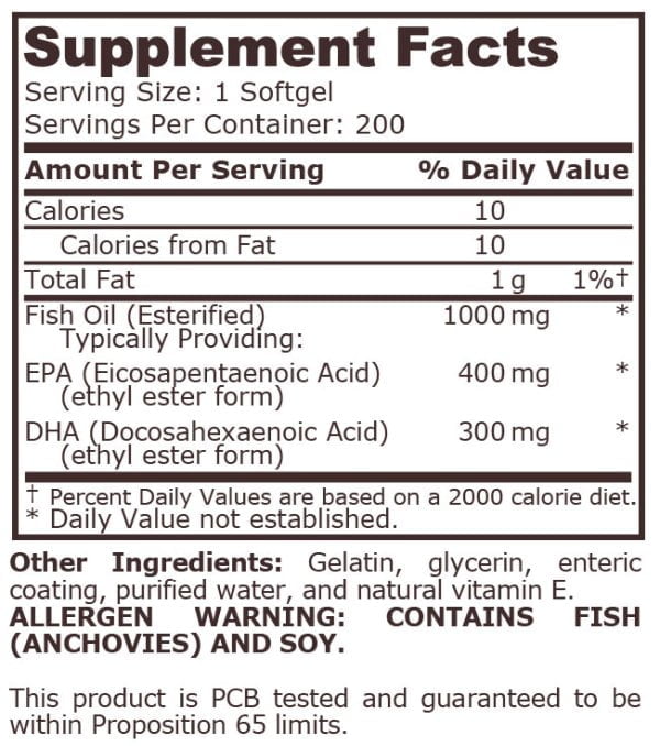 Super Omega 3 Рибено масло 1200 mg за Мозъка и Сърцето, 400 EPA / 300 DHA, 200 дражета, Pure Nutrition