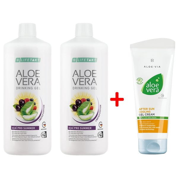 Комплект за Слънчевите дни: Aloe Vera Acai Pro Summer Гел за пиене за Защита от Слънцето и от Дехидратация | Двоен Комплект + Гел Крем за След Слънце